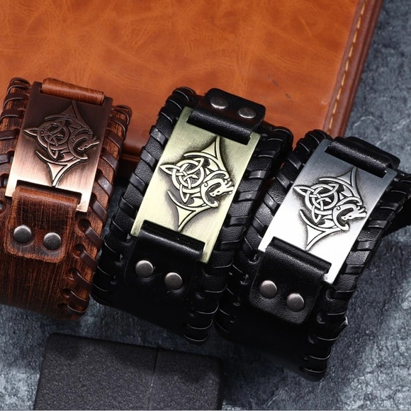 Men's Style Alloy Totem Charm Braided Leather Bracelet Wide Wristband - Picture 2 of 7